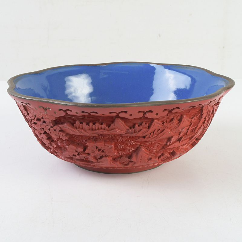 中国 剔紅 堆朱 内七宝 山水文 輪花碗 M S436 注文