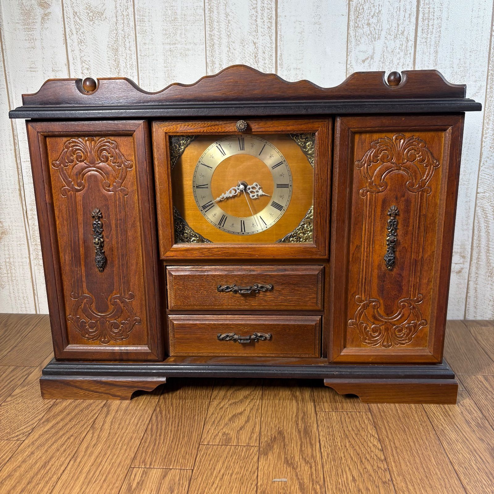 アンティーク木製ジュエリーボックス時計付き 昭和レトロ 開戸式置時計