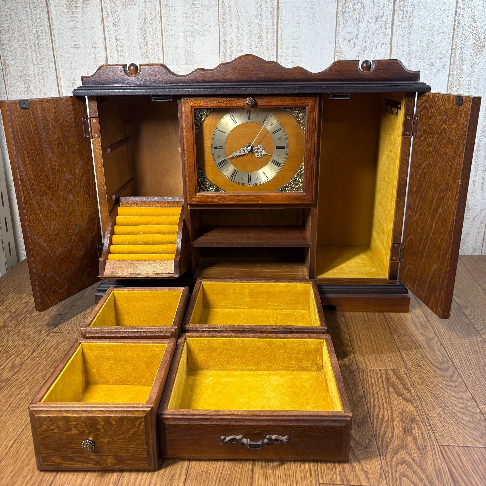 アンティーク木製ジュエリーボックス時計付き 昭和レトロ 開戸式置時計