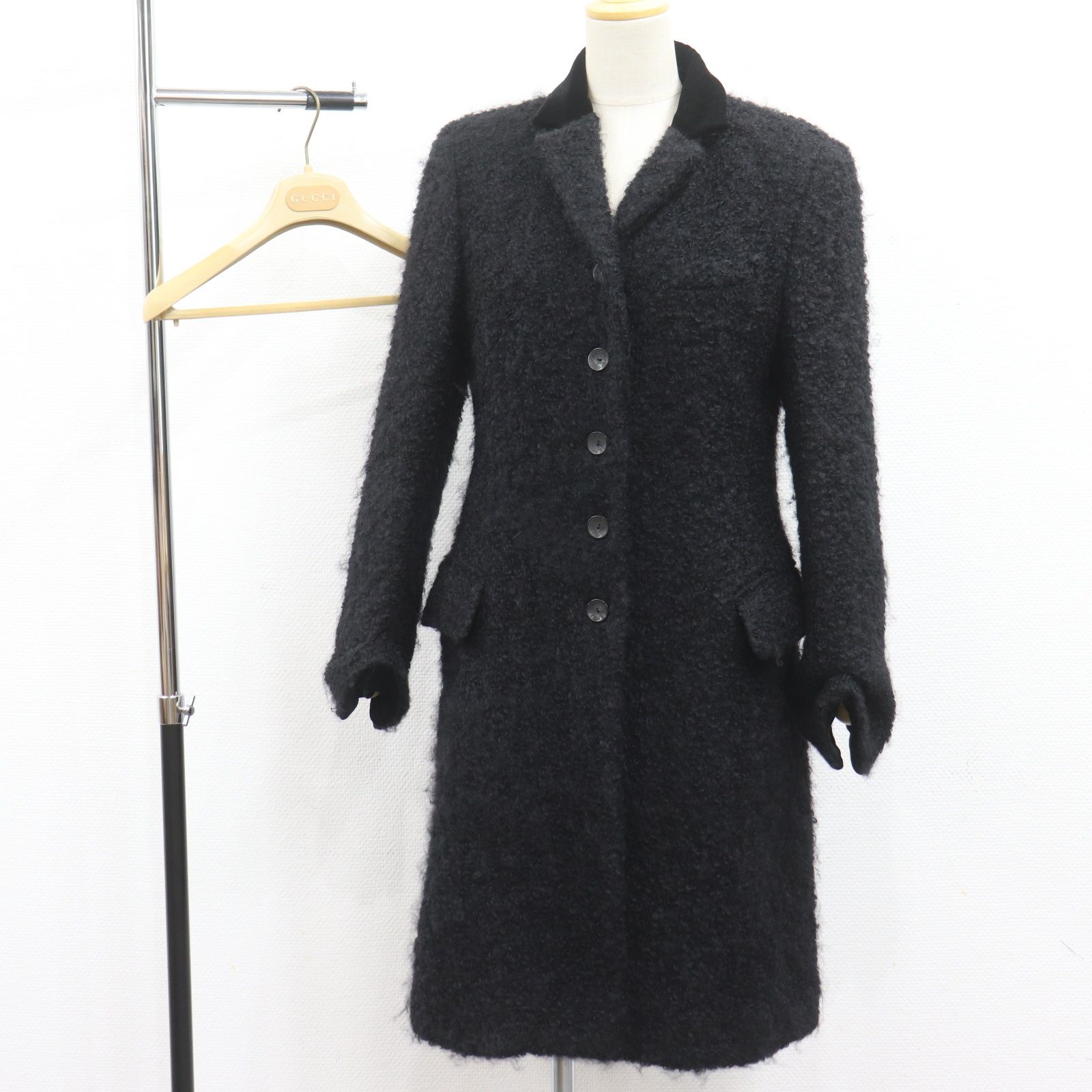 GUCCI グッチ ロングコート モヘア ウール ブラック ヴェロア ロゴ ボタン アウター レディース サイズ 40