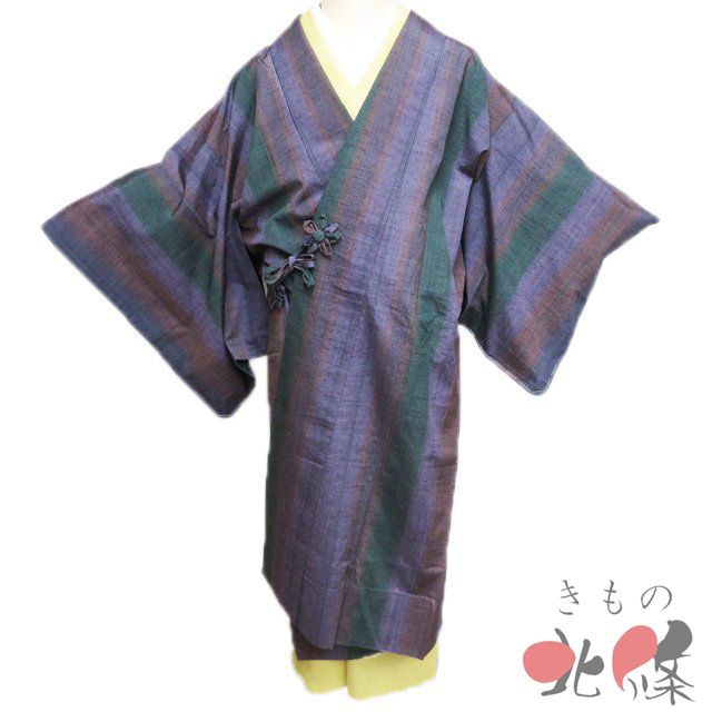 コート 道中着 着物 正絹 紬地 縦縞模様 葡萄鼠色 緑青色 多色 身丈121 cm 裄63 きもの北條 A 1304-2
