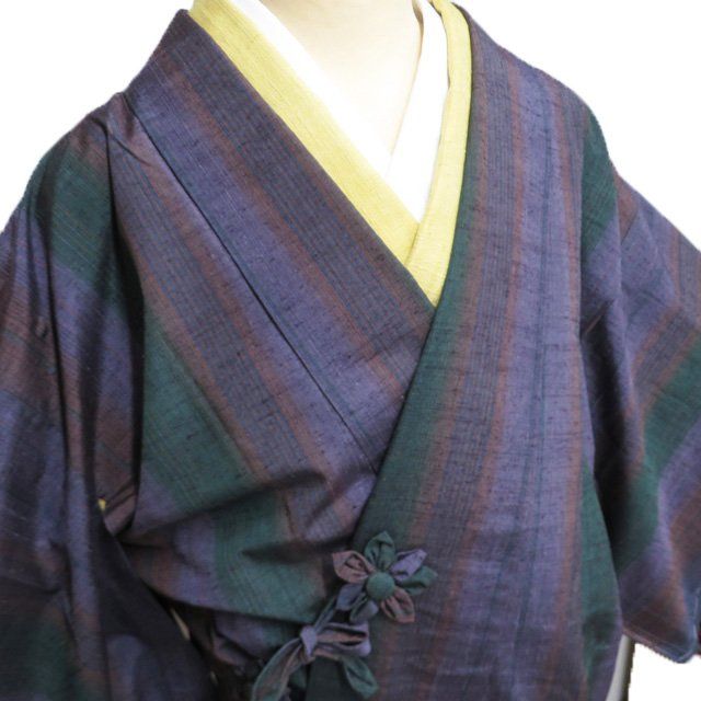 コート 道中着 着物 正絹 紬地 縦縞模様 葡萄鼠色 緑青色 多色 身丈121 cm 裄63 きもの北條 A 1304-2