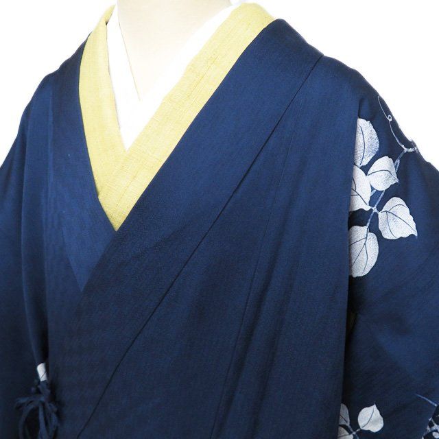 コート 道中着 着物 正絹 葉っぱ模様 濃紺色 身丈93.5 cm 裄62 きもの北條 A 1304-3
