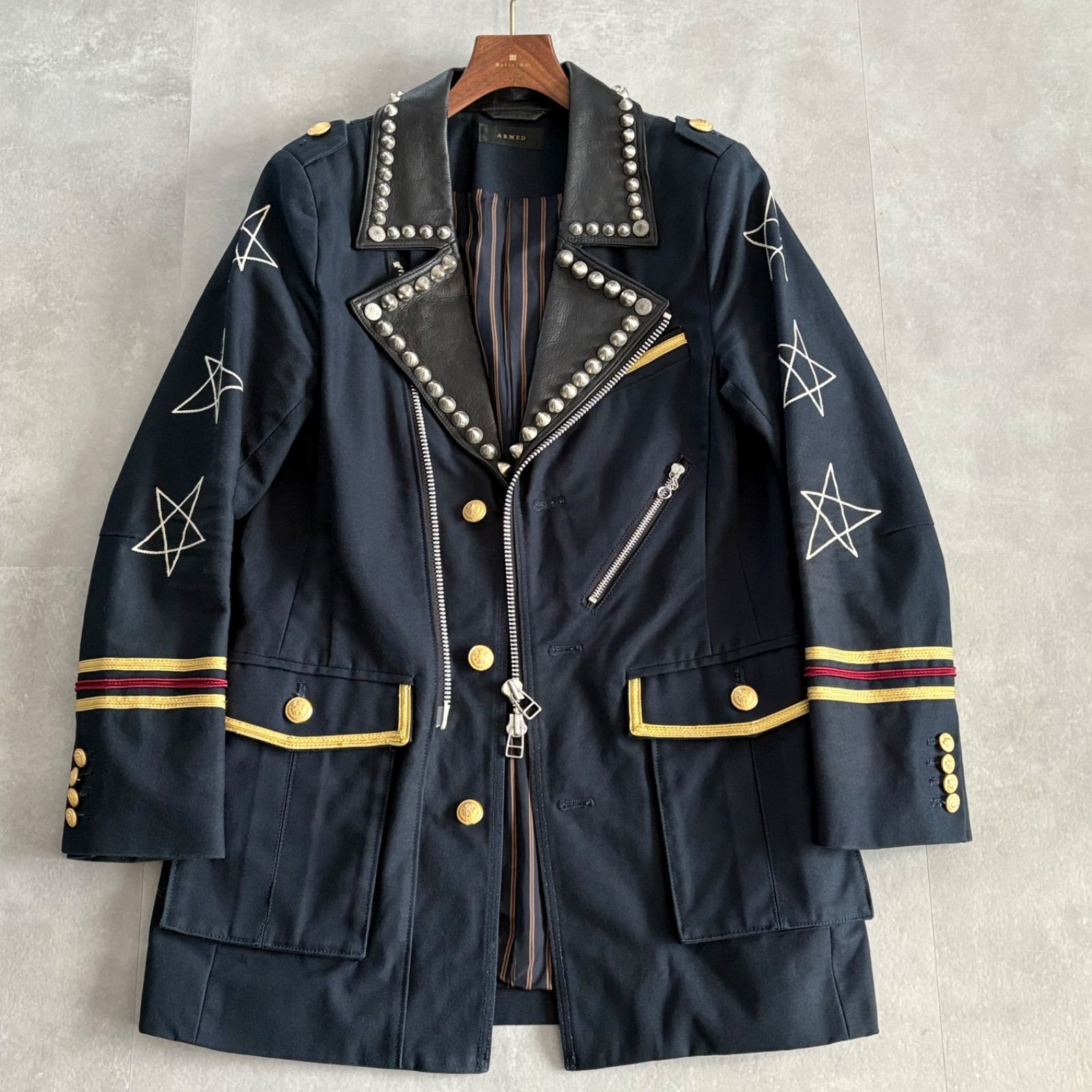 kiryuyrik★牛革レザー切替 スカル&ラメ金ロゴ ボンテージジャケット S archive レザー切替 スタッズジャケット 細身 スカル刺繍 牛革 日本製