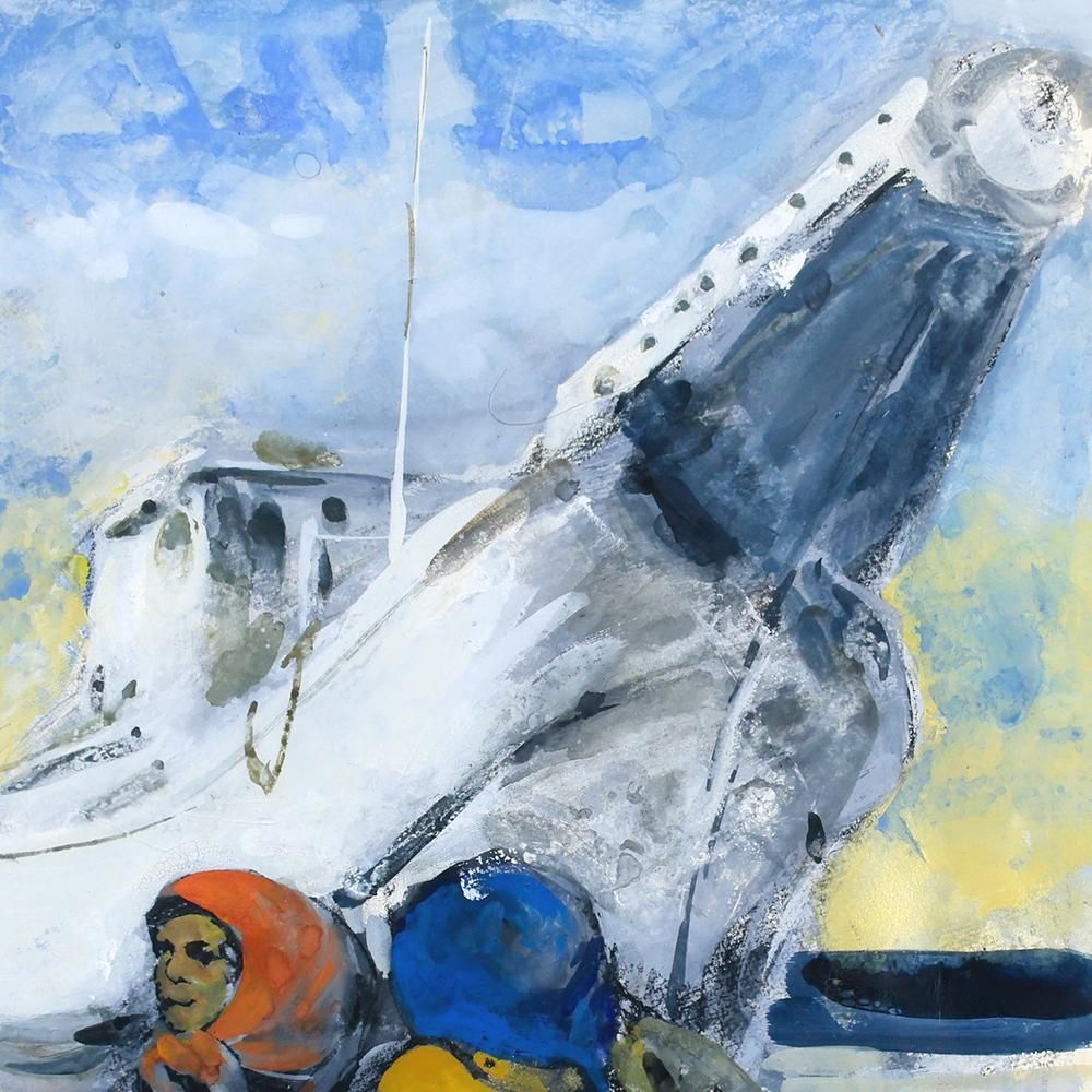 真作】【WISH】工藤和男「船と人」水彩 6号 海と生きる漁師たちの情景