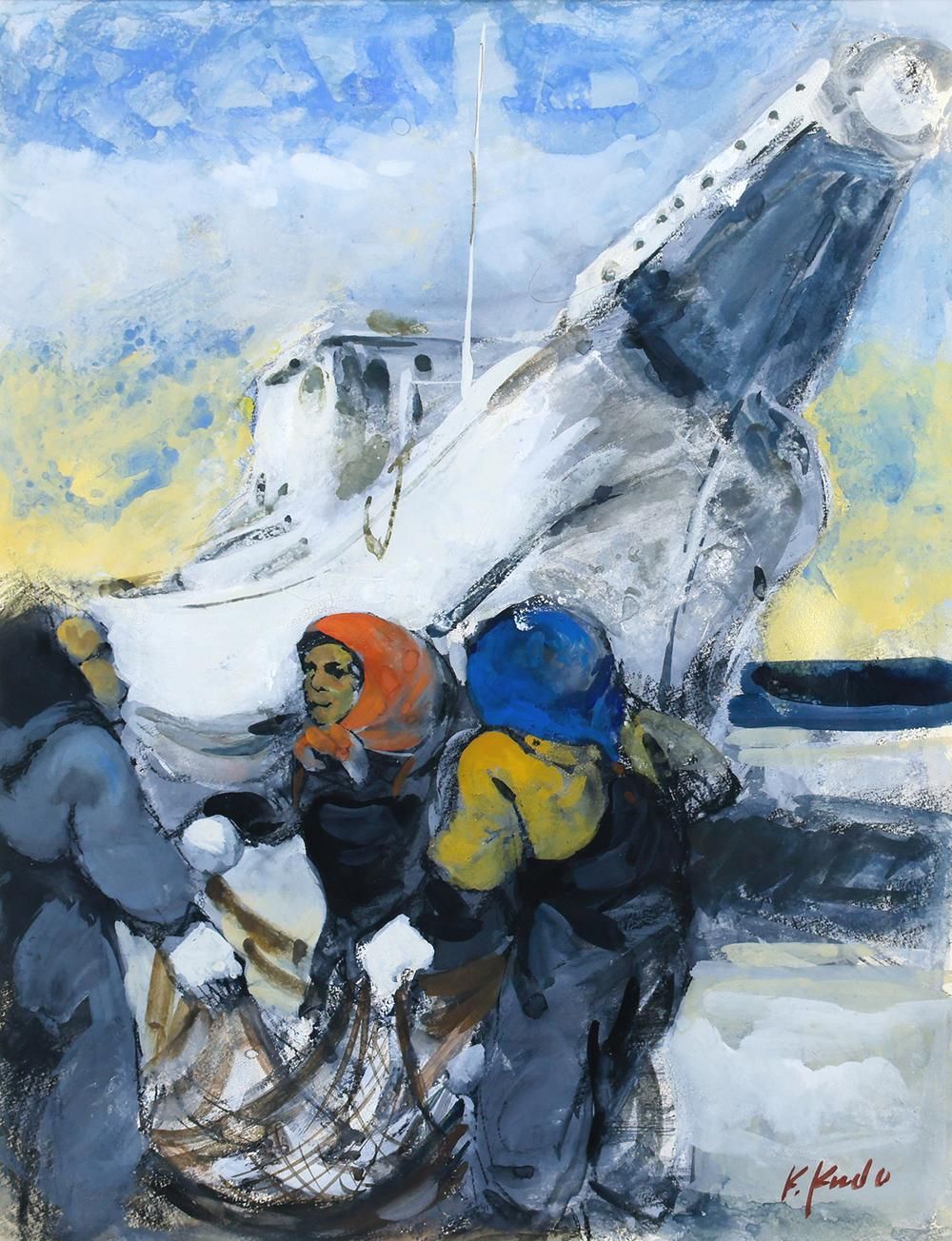 真作画家工藤和男 真作】【WISH】工藤和男「船と人」水彩 6号 海と生きる漁師たちの情景