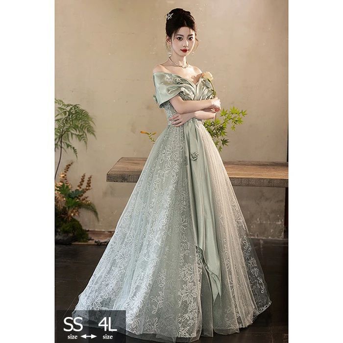 パーテイードレス ロング丈ドレス オフショルダー 肩出し レディース 着痩せ 発表会 演奏会 二次会 大きいサイズ エレガント 20代 30代 40代 大人 結婚式 披露宴 フォーマルドレス グリーン