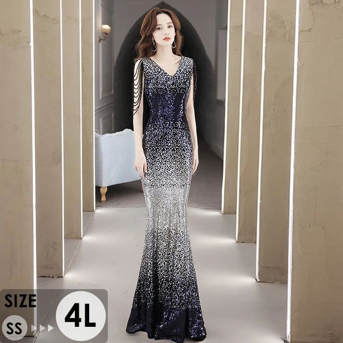 パーテイードレス ロング丈ドレス キラキラ セクシー レディース 着痩せ 発表会 演奏会 二次会 大きいサイズ エレガント 20代 30代 40代 大人 結婚式 披露宴 フォーマルドレス ブルー