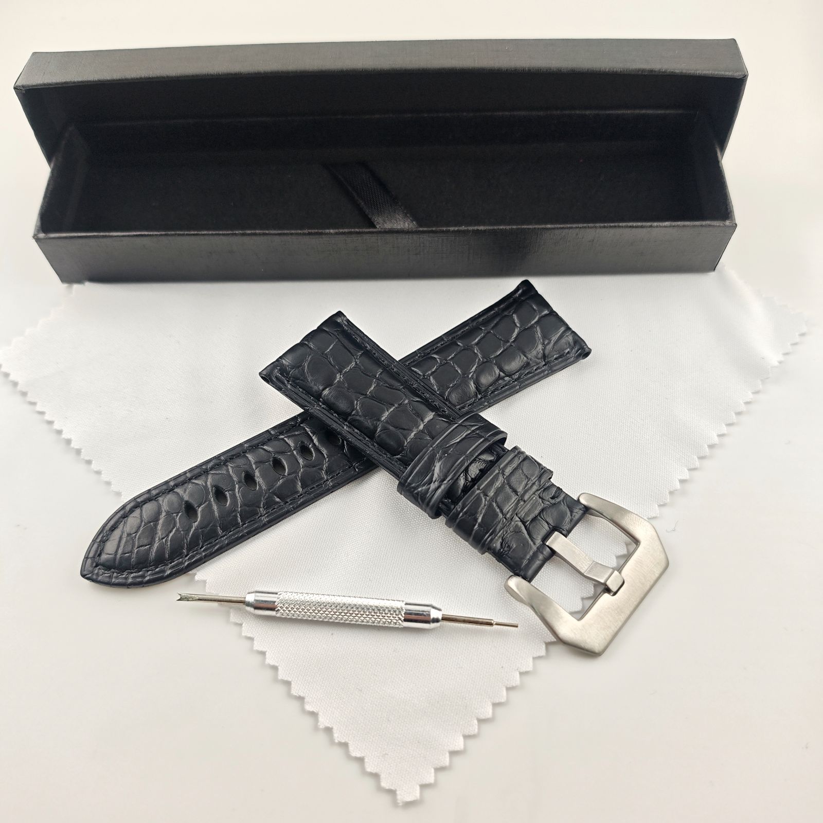 26mm 腕時計 アリゲーターレザー 革ベルト ブラック 黒 尾錠 【対応