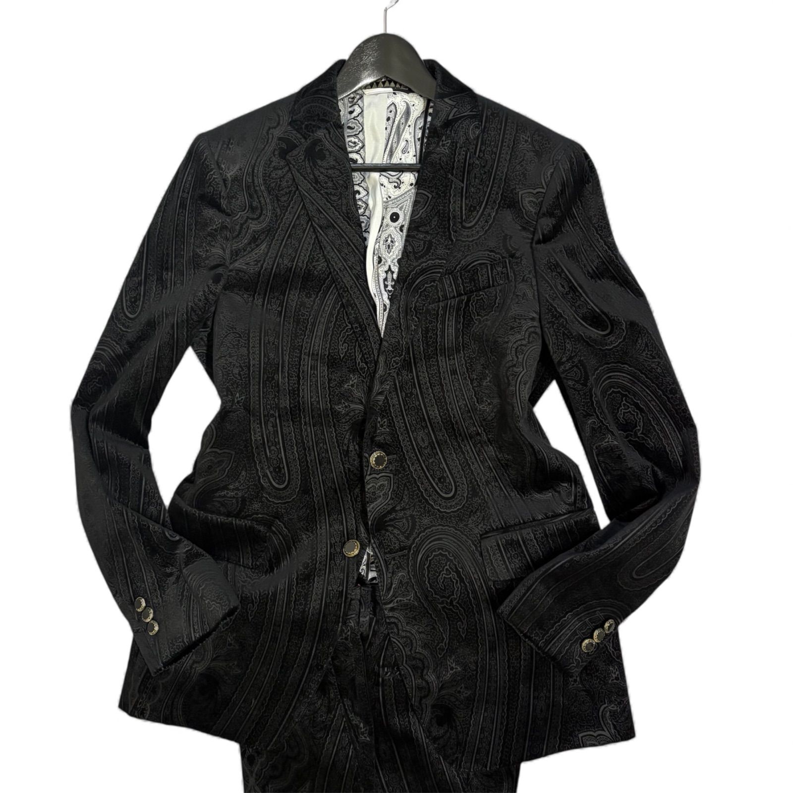 ♥級 ETRO エトロ セットアップ スーツ ベルベット ベロア 全面ペイズリー柄 裏地総柄 総裏 シルク 黒 ブラック メンズ 豪華ボタン 2 B XLサイズ50
