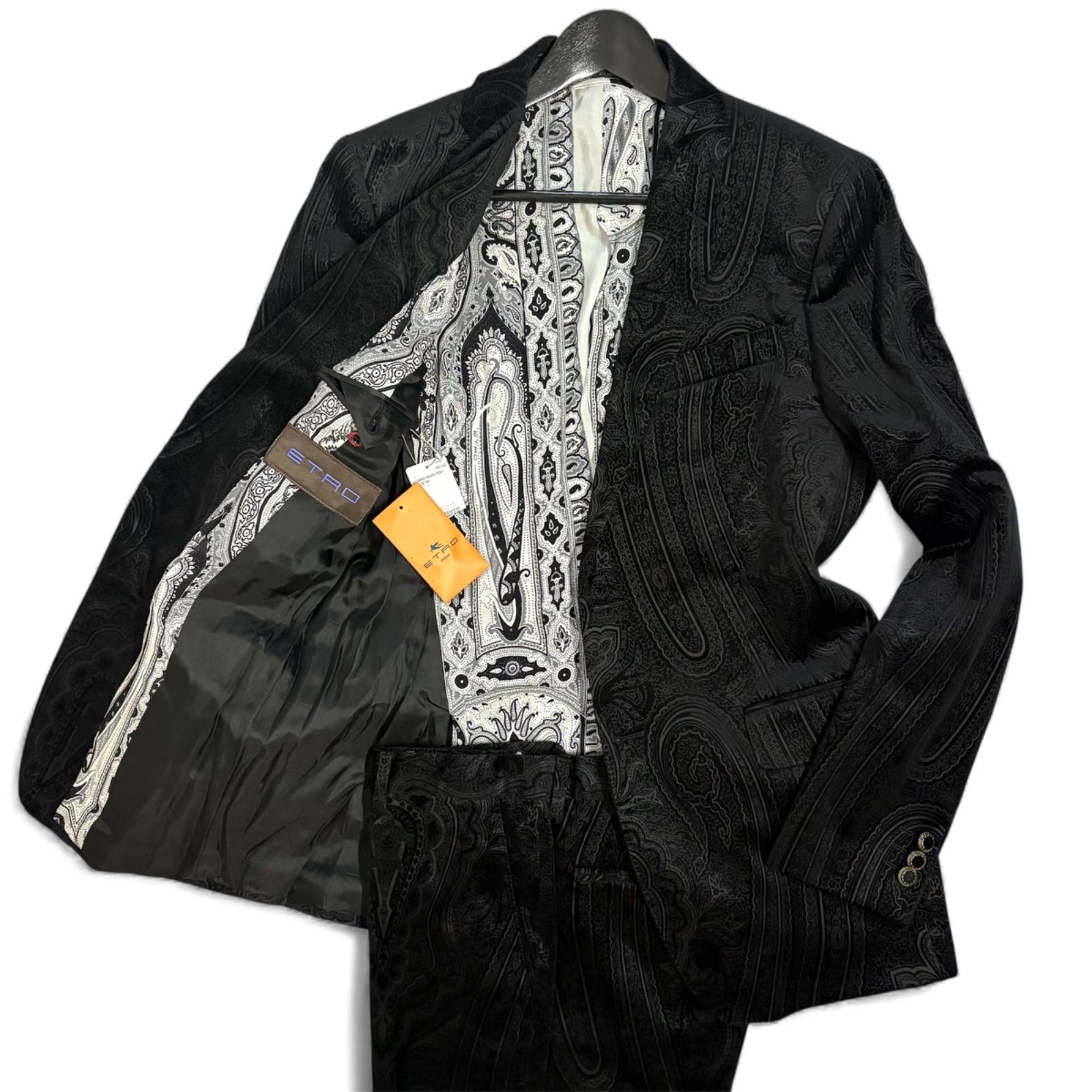 ♥級 ETRO エトロ セットアップ スーツ ベルベット ベロア 全面ペイズリー柄 裏地総柄 総裏 シルク 黒 ブラック メンズ 豪華ボタン 2 B XLサイズ50