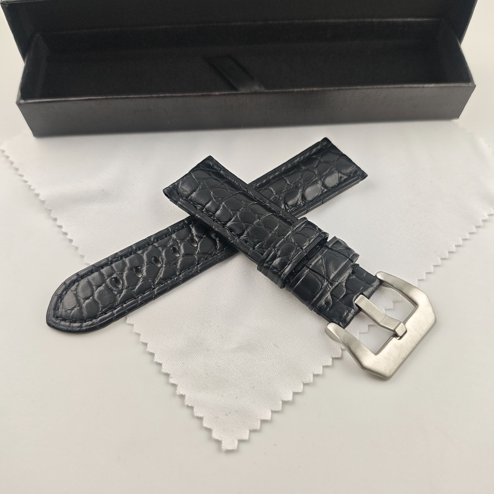 24 mm 腕時計 アリゲーターレザー 革ベルト ブラック 黒 尾錠 対応 パネライ PANERAI