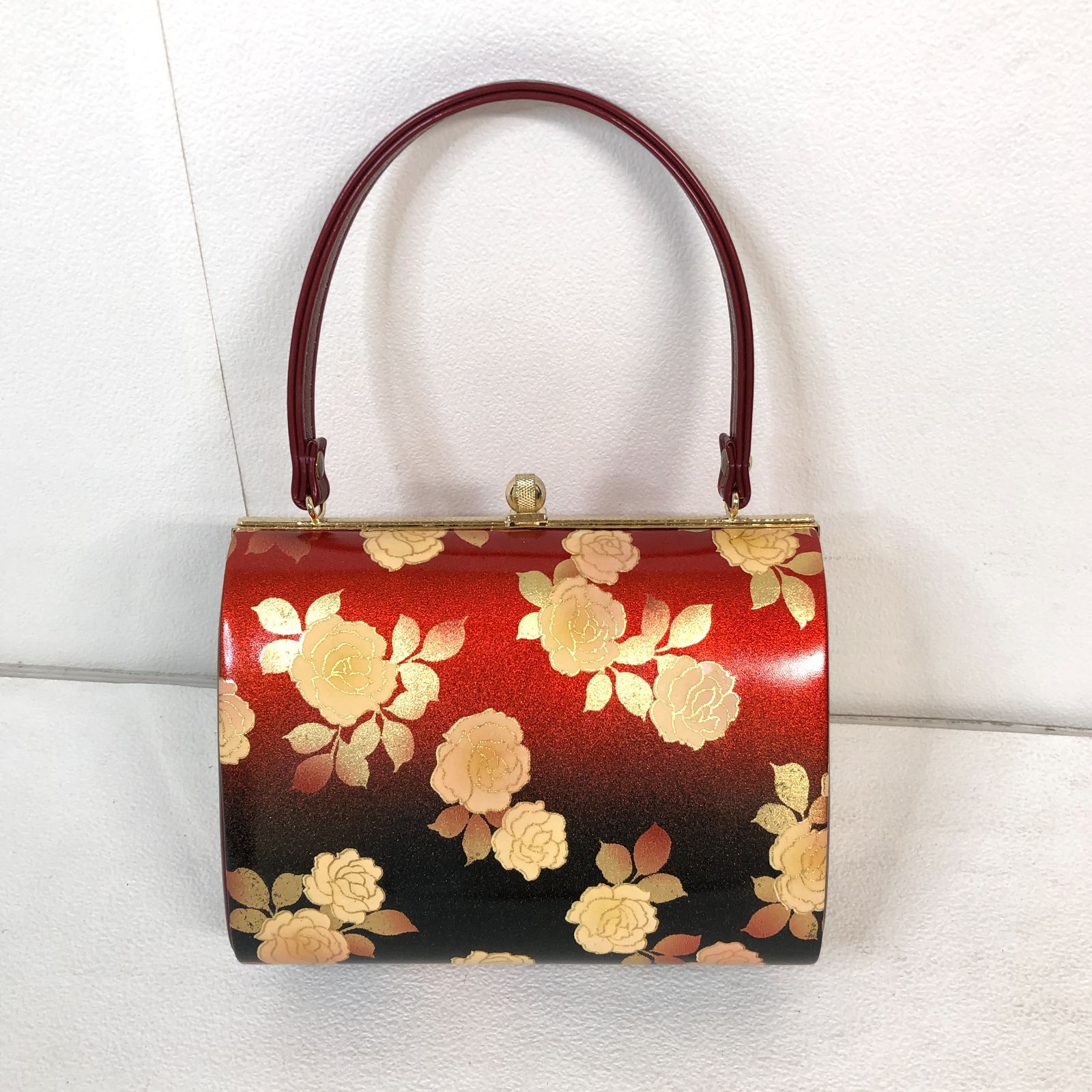 良品】草履 バッグ セット 黒 赤 金 グラデーション 薔薇 バラ 23cm M
