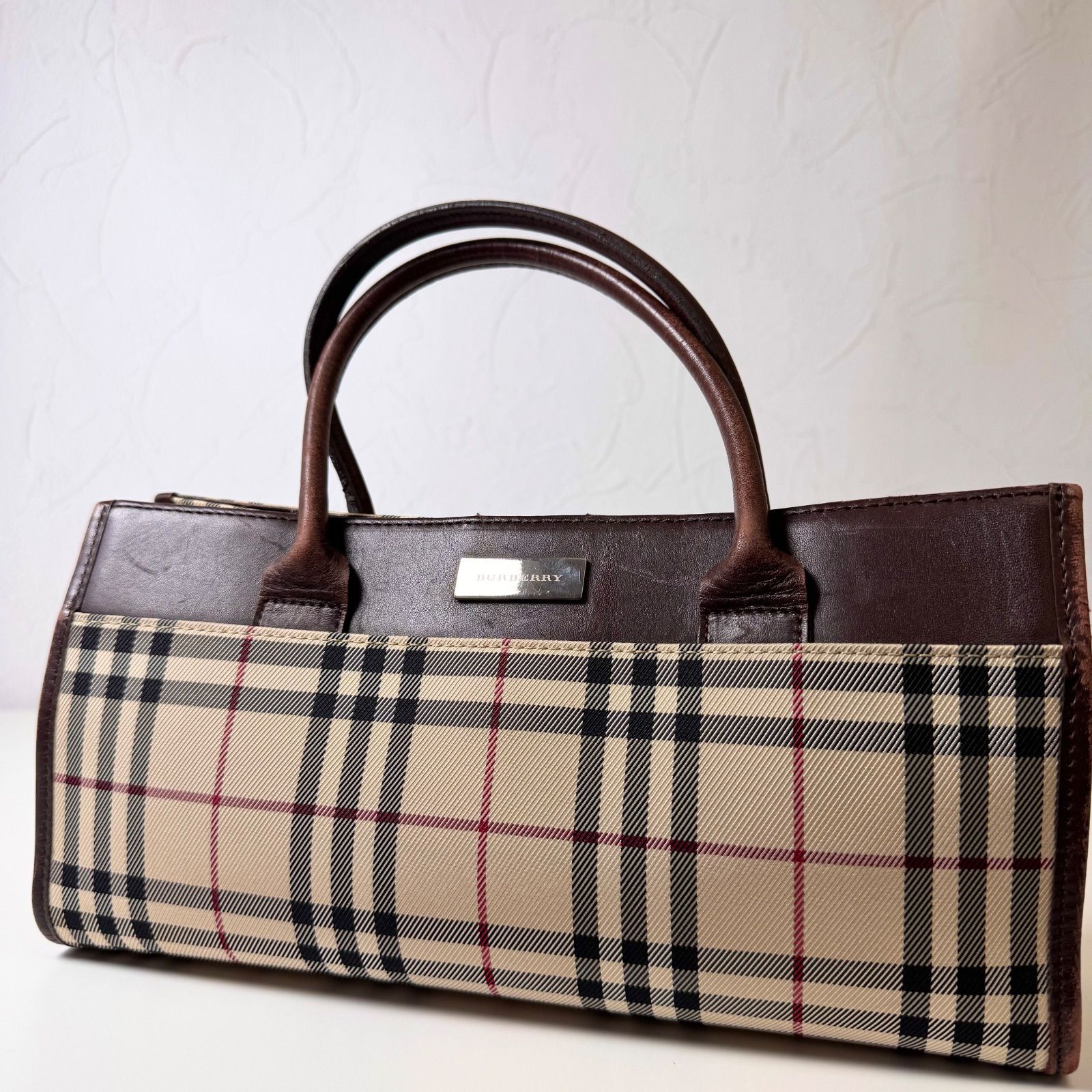 ✨BCランク BURBERRY Nova Check Handbag Mini Boston Leathe Canvas