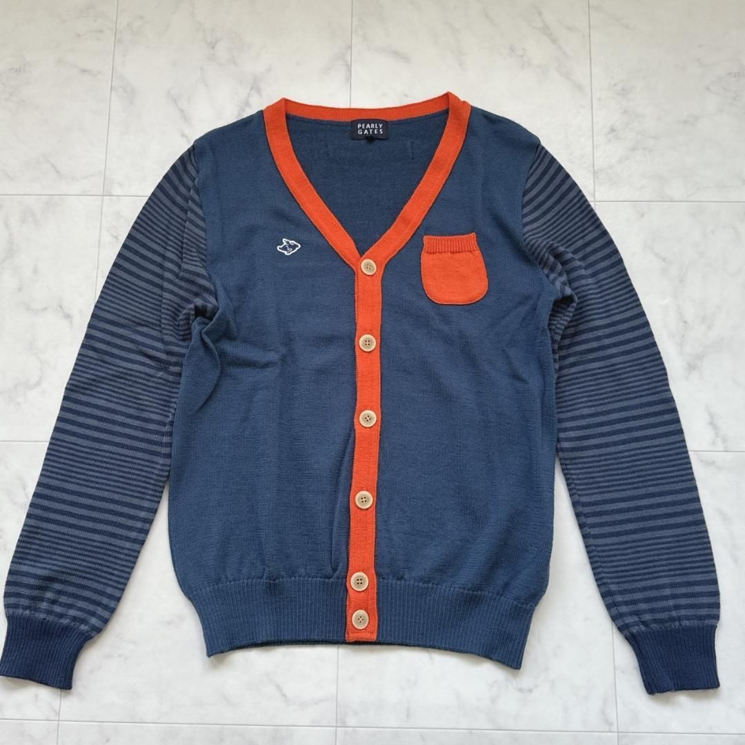 PEARLY GATES 切り替えカーディガン　ボーダー　ネイビーオレンジ PEARLY GATES 切り替えカーディガン 高品質 ボーダー ネイビーオレンジ