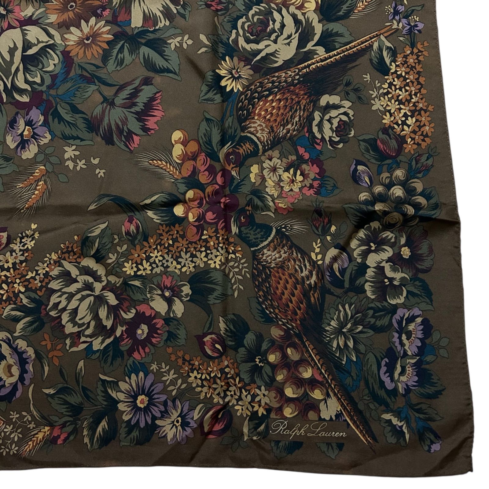 Ralph Lauren ラルフローレン キジ 花柄 総柄 シルクスカーフ ブラウン