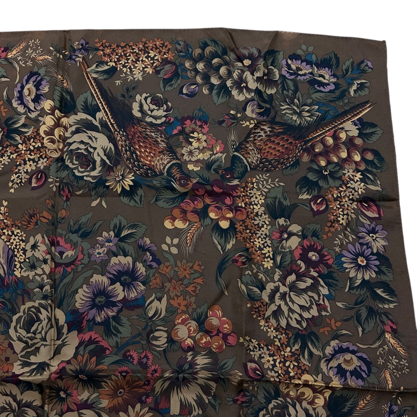 Ralph Lauren ラルフローレン キジ 花柄 総柄 シルクスカーフ ブラウン