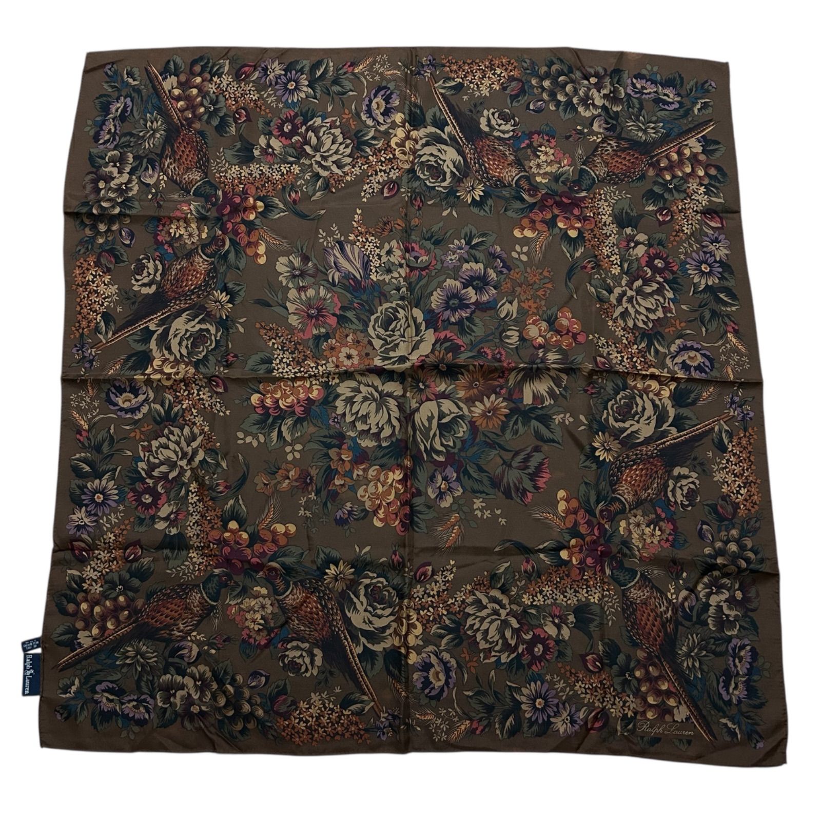 【未使用】ralphlaurenラルフローレン 大判スカーフ 地図柄 タグ付き Ralph Lauren ラルフローレン キジ 花柄 総柄 シルクスカーフ ブラウン
