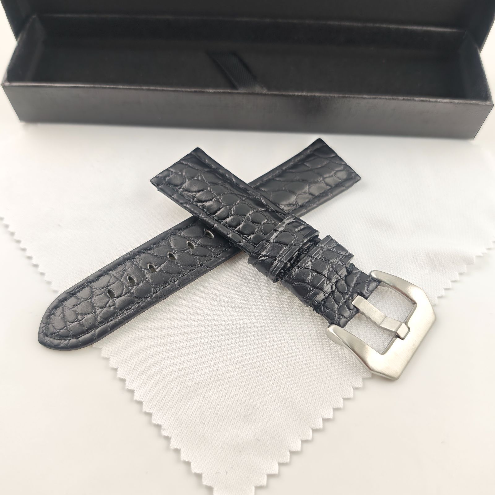 22mm 腕時計 アリゲーターレザー 革ベルト ブラック 黒 尾錠 【対応