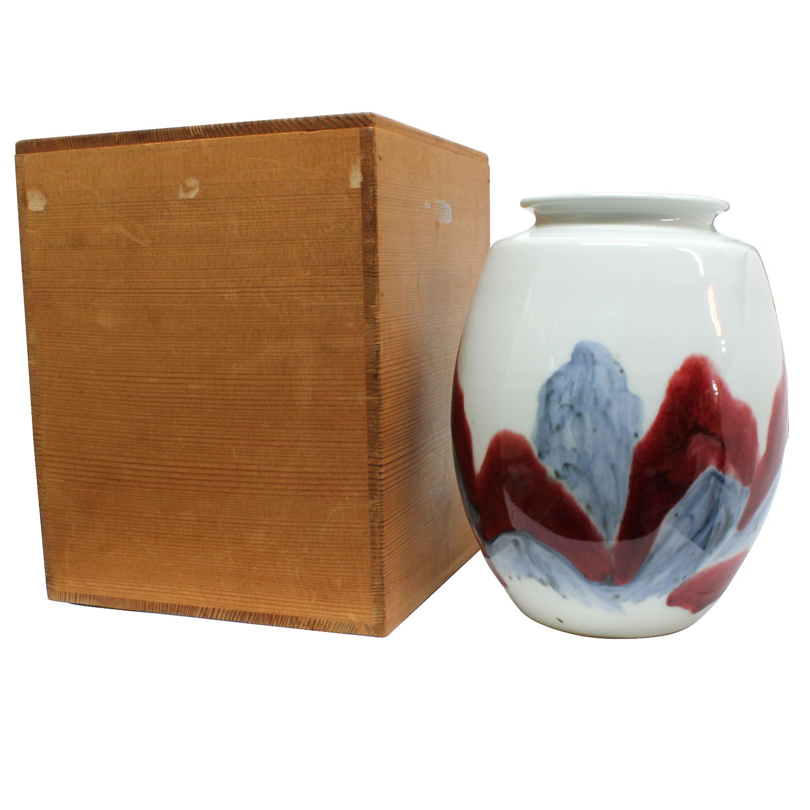 京焼 清水焼 平安暁峰 辰砂山水文 花瓶 共箱付き 昭和レトロ 花器 高さ