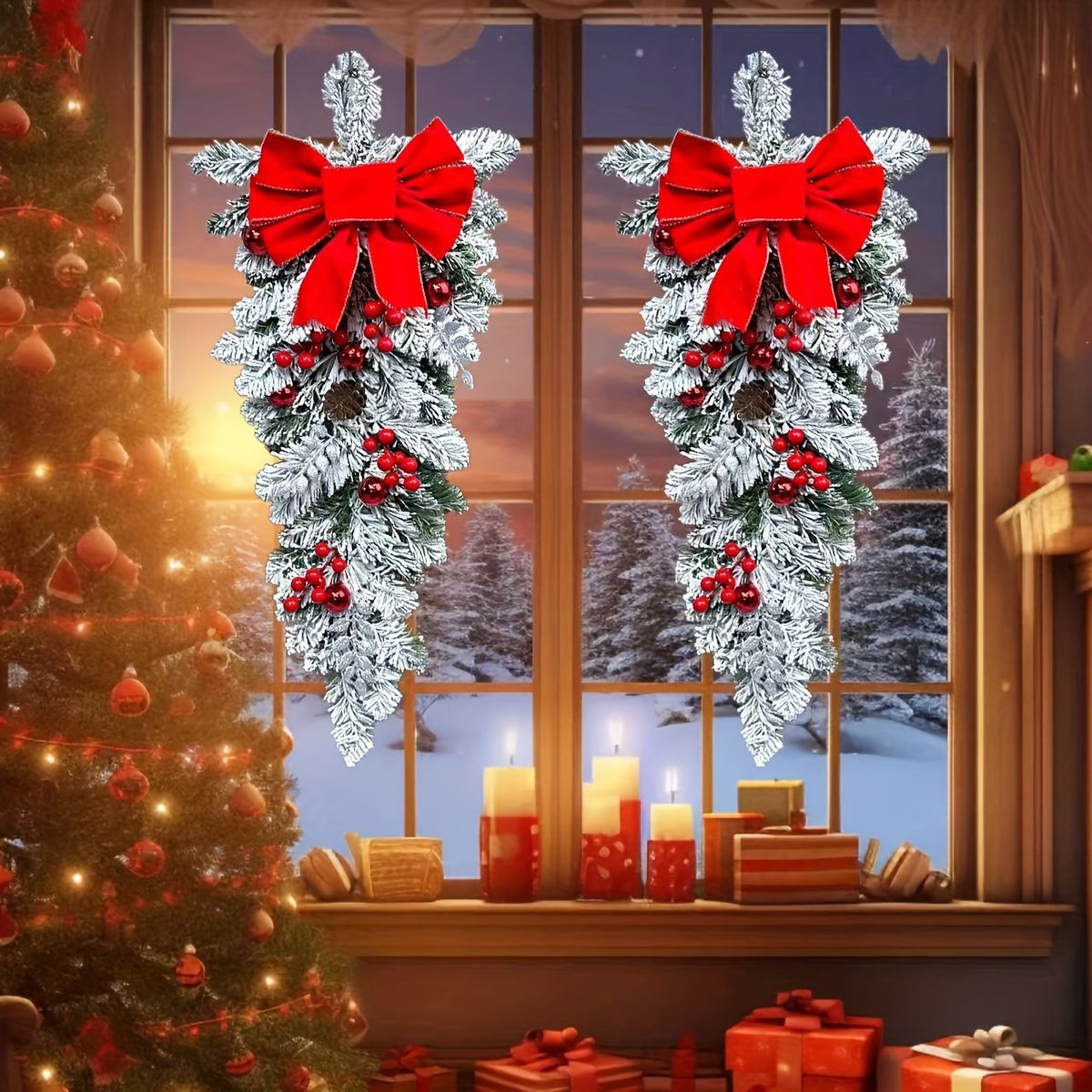 クリスマス装飾】59.99cm フロック加工人工ガーランド 2個セット 赤色