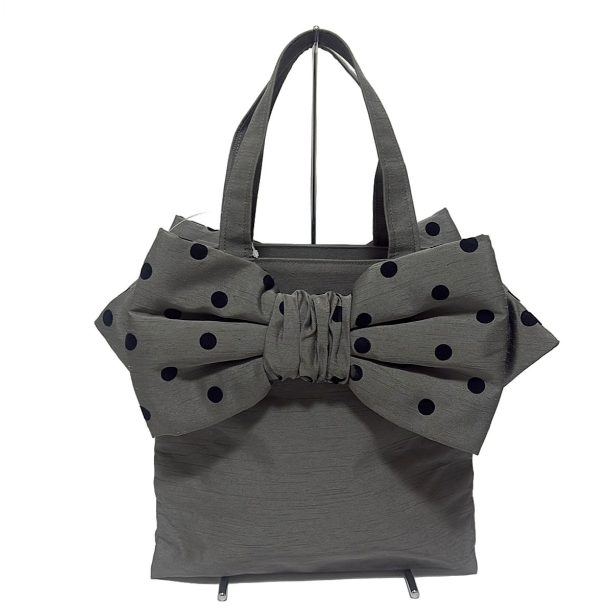 MUGUET ミュゲ　バッグ　ドット MUGUET(ミュゲ) トートバッグ美品 - グレー×黒 ドット柄/リボン