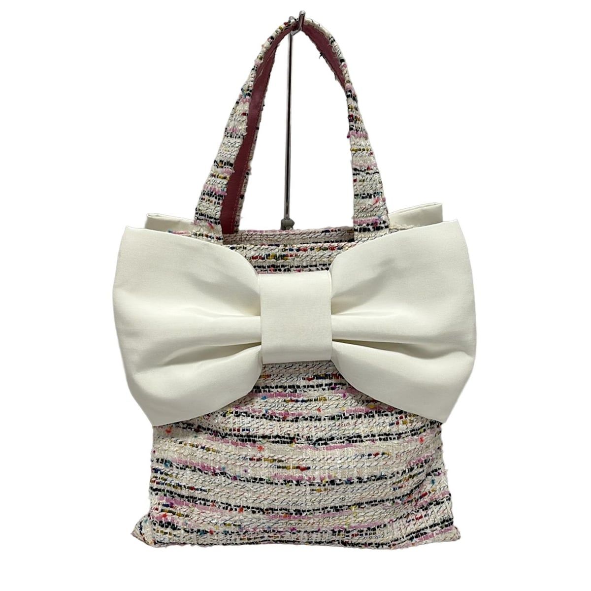 MUGUET(ミュゲ) トートバッグ美品 - 白×ピンク×マルチ ツイード/リボン