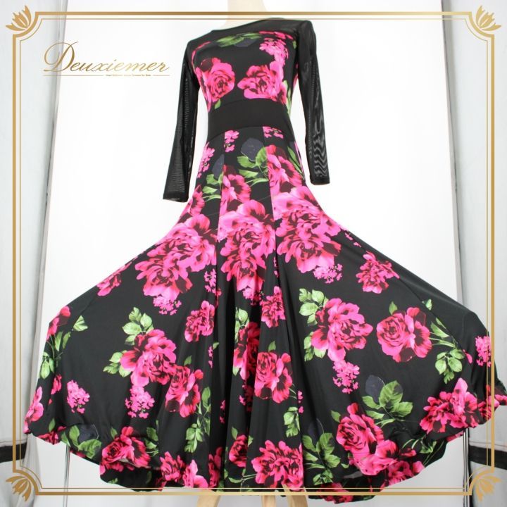 社交ダンス 衣装 ドレス ワンピース レッスンウェア パーティ衣装 オールシーズン 黒 緑 ブラック系 グリーン系 ピンク系 花柄 フラワープリント エレガント 柔らかい 生地 おしゃれ カジュアル 大人 豊富 キュート