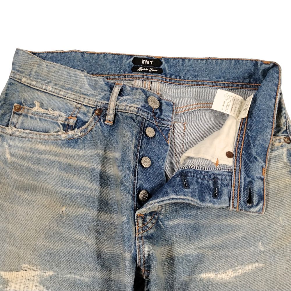 TMTのダメージ加工パンツサイズL美品 TMT ティーエムティー クラッシュ ダメージ加工 デニムパンツ ブルー系