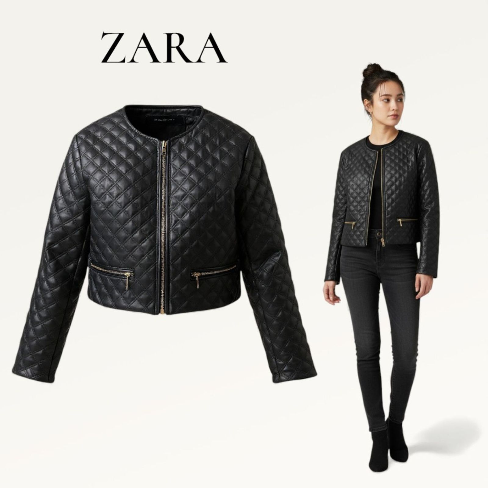 新品未使用　タグ付き　ZARA ショートキルティングフェイクレザージャケット　S 試着のみ】ZARA ショートキルティング フェイクレザーブルゾン