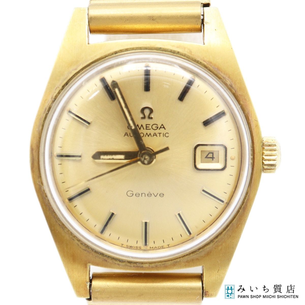 稼働 腕時計 OMEGA オメガ Geneve ジュネーブ 566 012 cal 684 デイト 自動巻き ゴールド色文字盤 ベルト尾錠社外 ケース H 7259