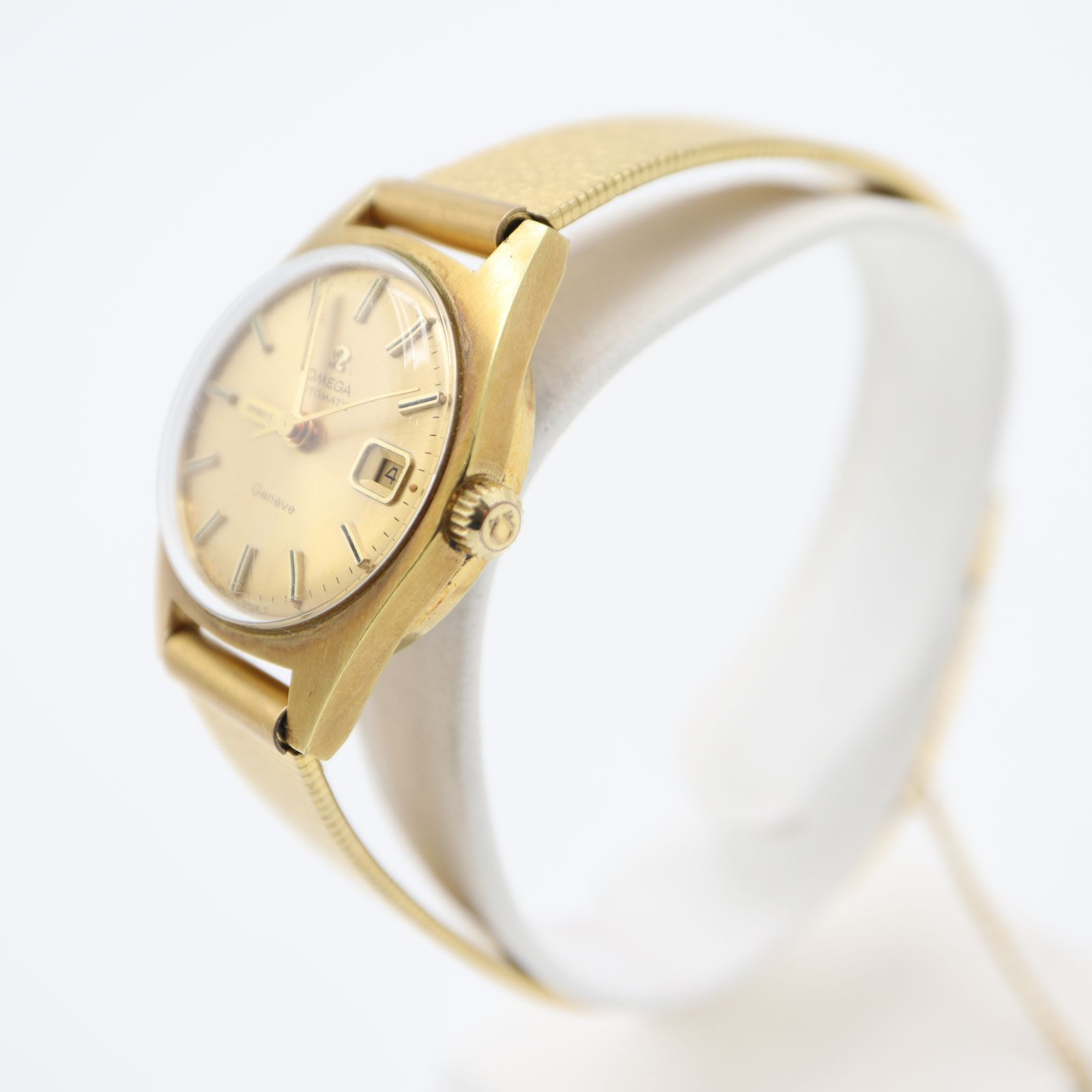 稼働 腕時計 OMEGA オメガ Geneve ジュネーブ 566 012 cal 684 デイト 自動巻き ゴールド色文字盤 ベルト尾錠社外 ケース H 7259