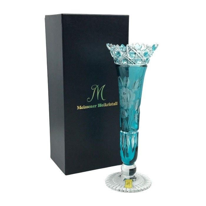 Meissener Bleikristall マイセン クリスタル 一輪挿し フラワーベース 花瓶 ハンドカット 花柄 ターコイズ T 1