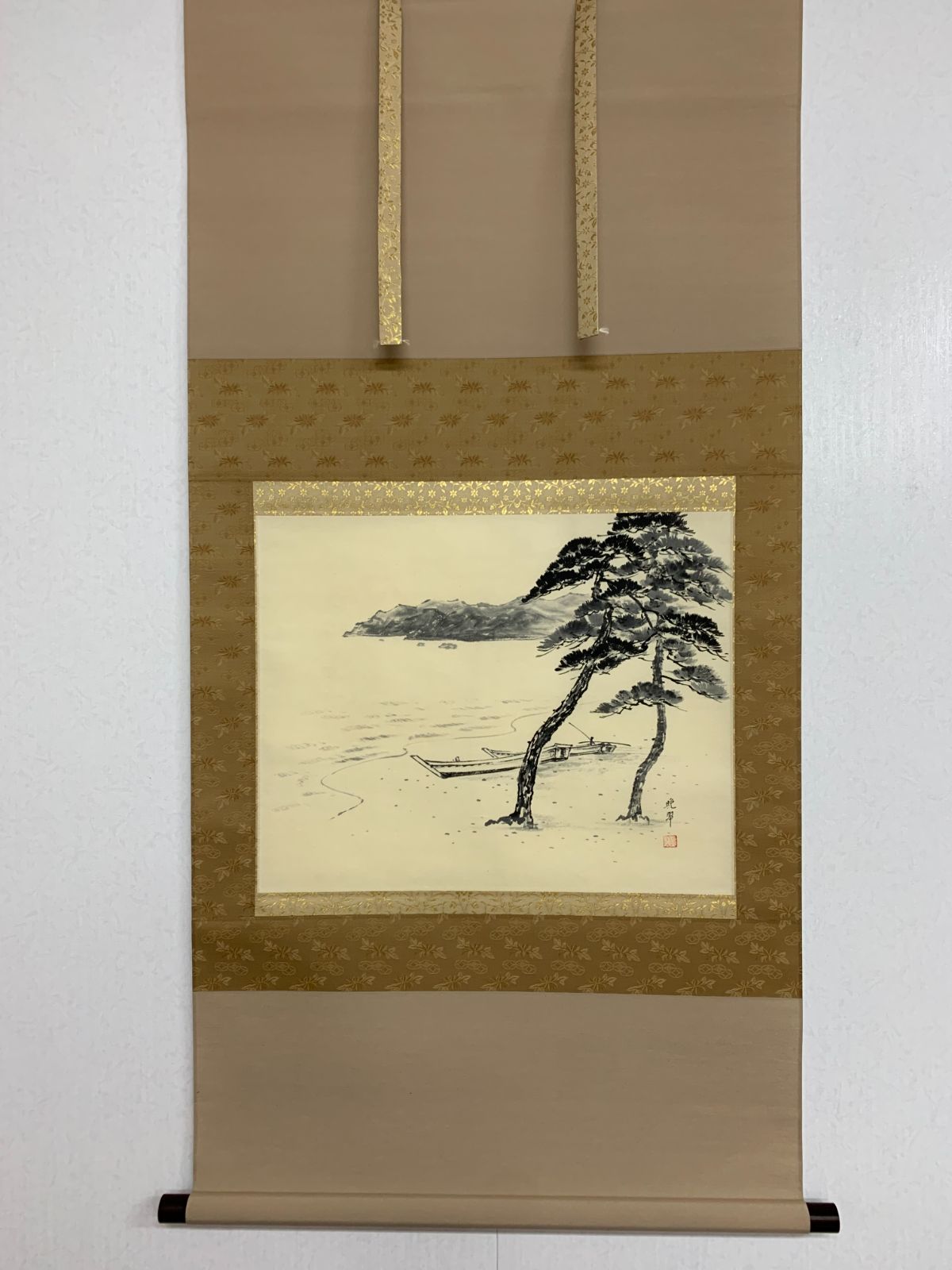 掛け軸】189 尾上晩翠「海辺松原」日本画 山水 #茶掛 #掛軸 #古美術