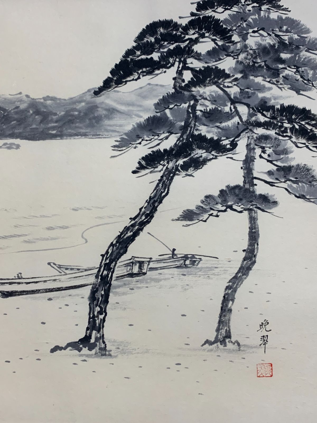 掛け軸】189 尾上晩翠「海辺松原」日本画 山水 #茶掛 #掛軸 #古美術