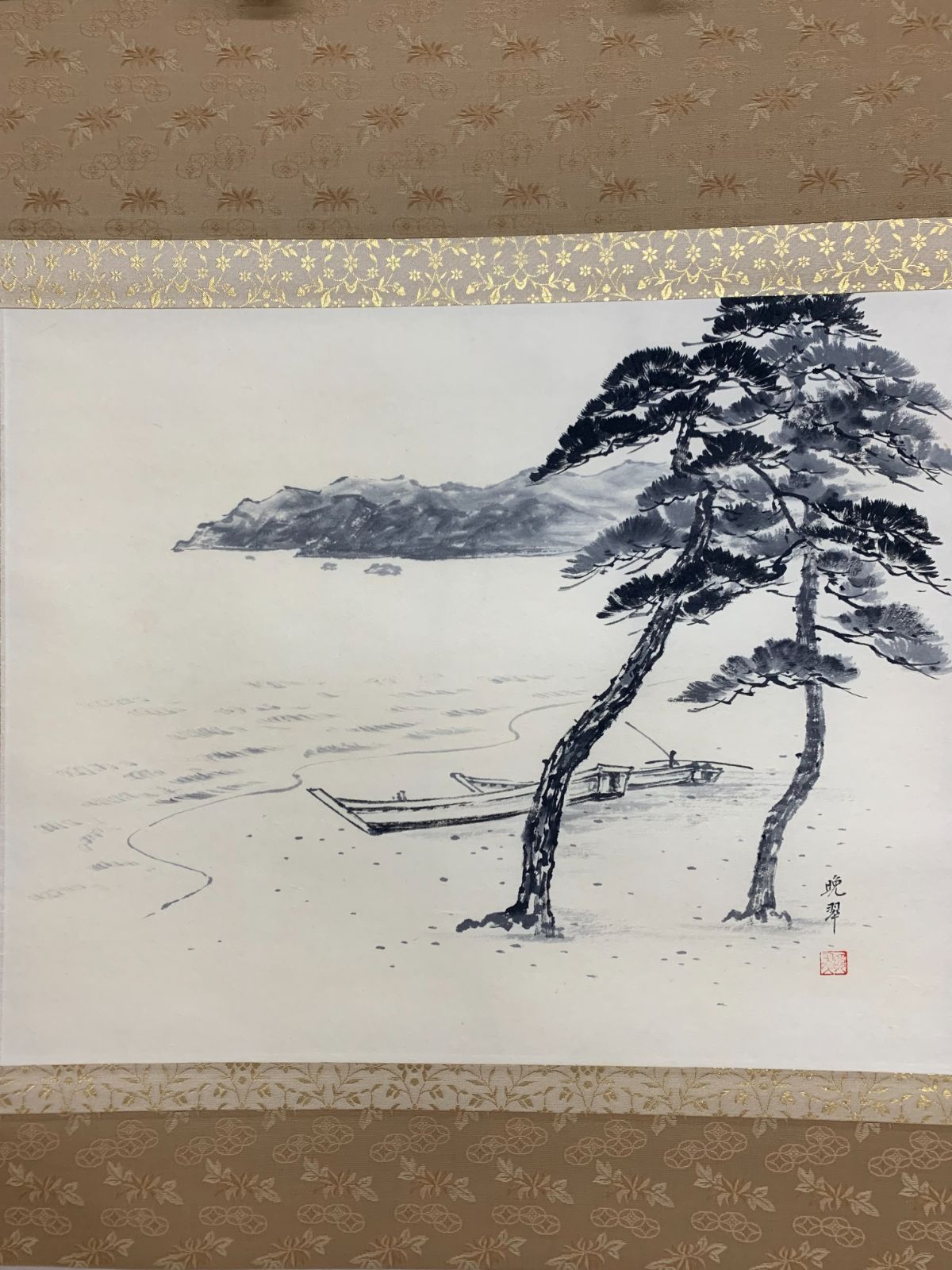 掛け軸】189 尾上晩翠「海辺松原」日本画 山水 #茶掛 #掛軸 #古美術