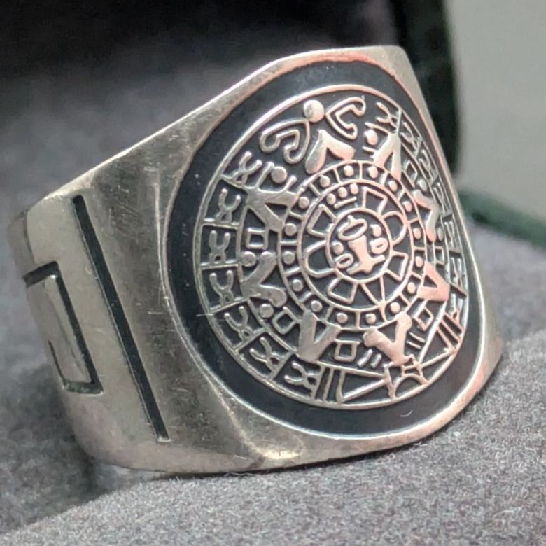 メキシコ MEXICO ビンテージ リング シルバー925 シグネット メキシコ製 シルバー925 マヤカレンダー シグネットリング 13.5号 24g