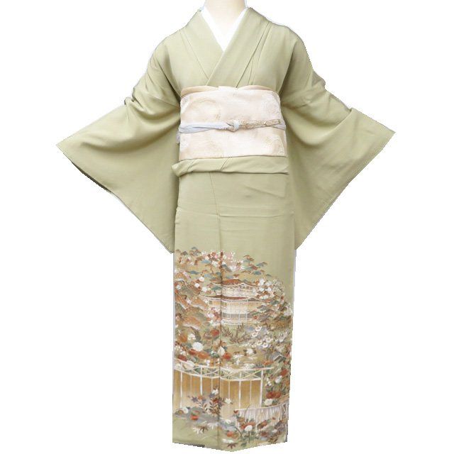 色留袖 着物 中古 正絹 袷 紋付 一つ紋 蘇州刺繍 中国刺繍 花の図 箔糸