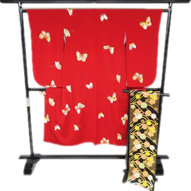 七五三 本加工 7歳用 トップ 女の子 女児 着物 帯 2点セット 正絹 縮緬