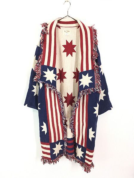 レディース 古着 90s USA製 星条旗 総柄 フリンジ ショールカラー