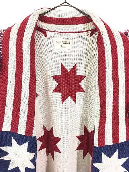 レディース 古着 90s USA製 星条旗 総柄 フリンジ ショールカラー