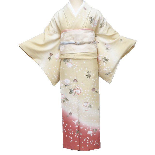 訪問着 着物 中古 正絹 袷 フォーマル 金駒刺繍 花の図 桜 紅葉 麦藁色 鉛丹色 多色 身丈163.5cm 裄63.5cm L きもの北條 A1277-13 訪問着 着物 中古 正絹 袷 フォーマル 金駒刺繍 花の図 桜 紅葉 麦藁色