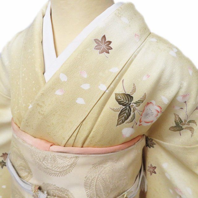 訪問着 着物 中古 正絹 袷 フォーマル 金駒刺繍 花の図 桜 紅葉 麦藁色 鉛丹色 多色 身丈163.5cm 裄63.5cm L きもの北條 A1277-13 訪問着 着物 中古 正絹 袷 フォーマル 金駒刺繍 花の図 桜 紅葉 麦藁色
