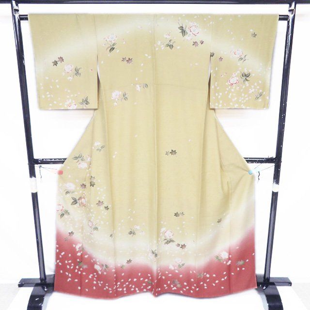 訪問着 着物 中古 正絹 袷 フォーマル 金駒刺繍 花の図 桜 紅葉 麦藁色 鉛丹色 多色 身丈163.5cm 裄63.5cm L きもの北條 A1277-13 訪問着 着物 中古 正絹 袷 フォーマル 金駒刺繍 花の図 桜 紅葉 麦藁色