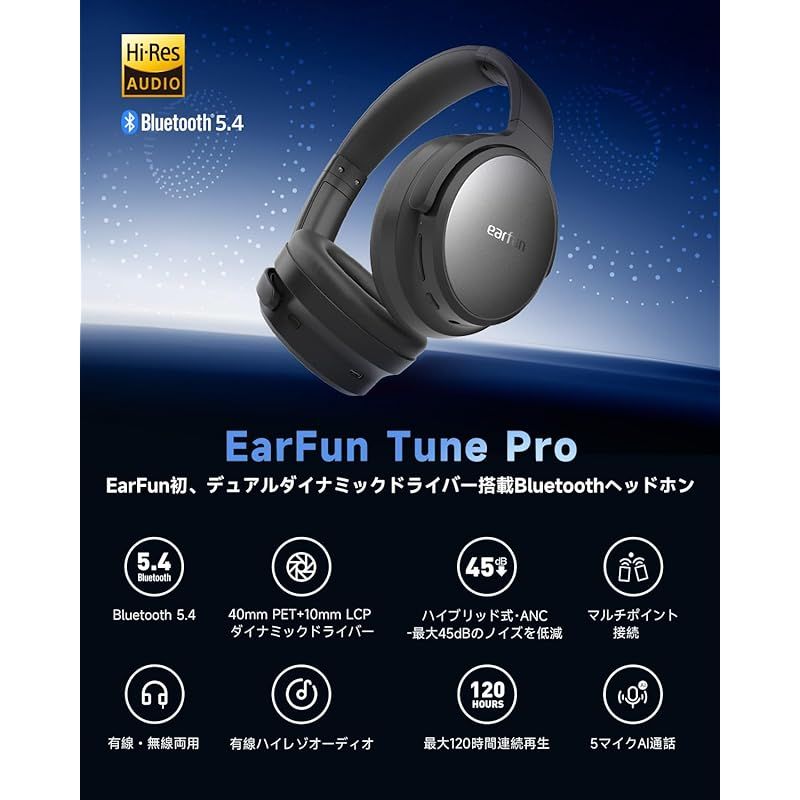 VGP 2025 金賞 EarFun Tune Proワイヤレスヘッドホン Bluetooth 5 4 40 mm 10 mmデュアルドライバー 無線 USB C AUX有線接続 最大45 dBのノイズを低減ノイズキャンセリングヘッドホン 最 0