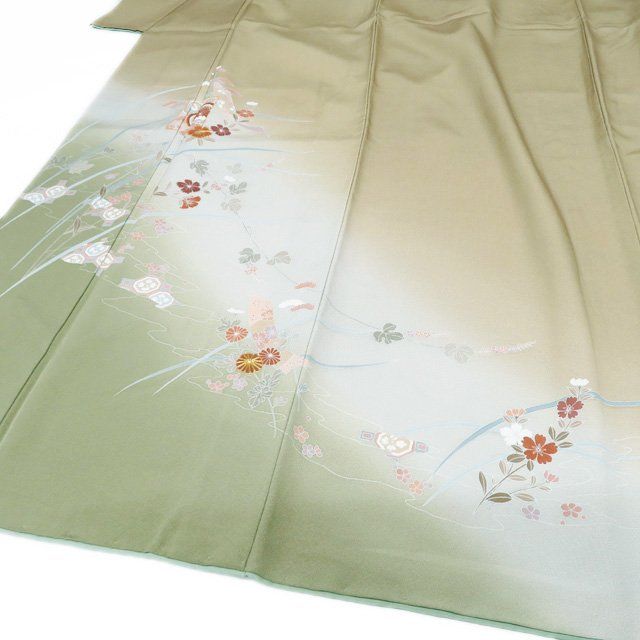 訪問着 着物 中古 正絹 袷 フォーマル 金駒刺繍 花の図 青朽葉色 多色 身丈156cm 裄63cm M きもの北條 A1272-25 訪問着 着物 中古 正絹 袷 フォーマル 金駒刺繍 花の図 青朽葉色 多色