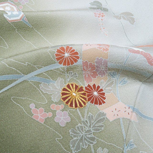訪問着 着物 中古 正絹 袷 フォーマル 金駒刺繍 花の図 青朽葉色 多色 身丈156cm 裄63cm M きもの北條 A1272-25 訪問着 着物 中古 正絹 袷 フォーマル 金駒刺繍 花の図 青朽葉色 多色