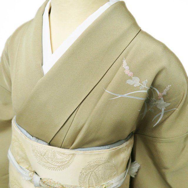 訪問着 着物 中古 正絹 袷 フォーマル 金駒刺繍 花の図 青朽葉色 多色 身丈156cm 裄63cm M きもの北條 A1272-25 訪問着 着物 中古 正絹 袷 フォーマル 金駒刺繍 花の図 青朽葉色 多色