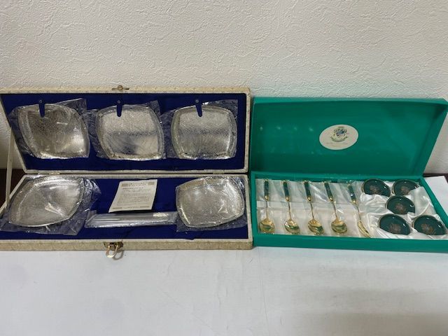 29961 AZUMA レトロ アズマ金属 銀メッキ皿 フォーク５客 グリーンアイランドティースプーンSET