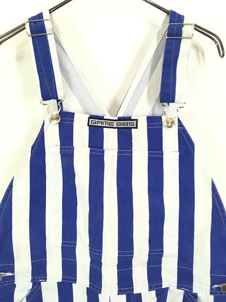 古着 90 s GAME BIBS 太ピッチ ストライプ 総柄 デザイン オーバーオール 青×白 M位